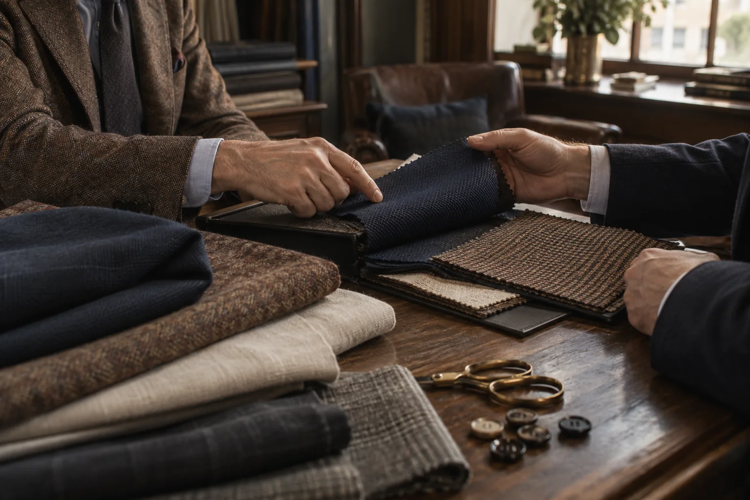 Selecting navy and brown cloth during a private appointment