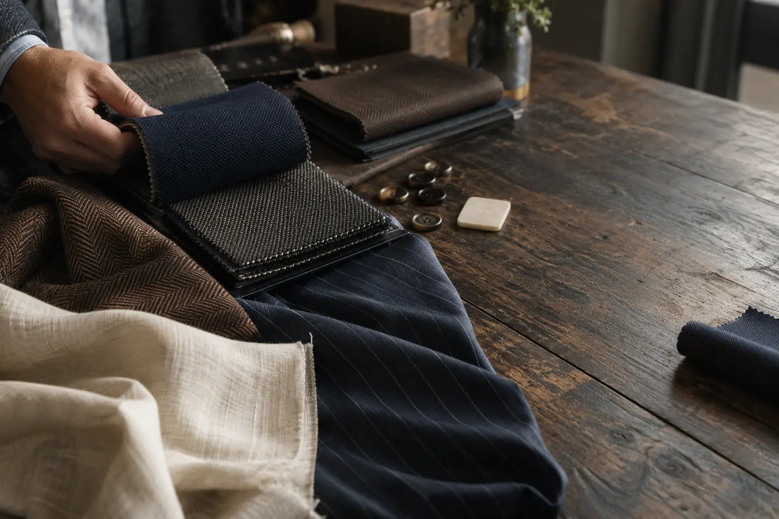 Fine cloth and fabric books arranged on a tailor's table