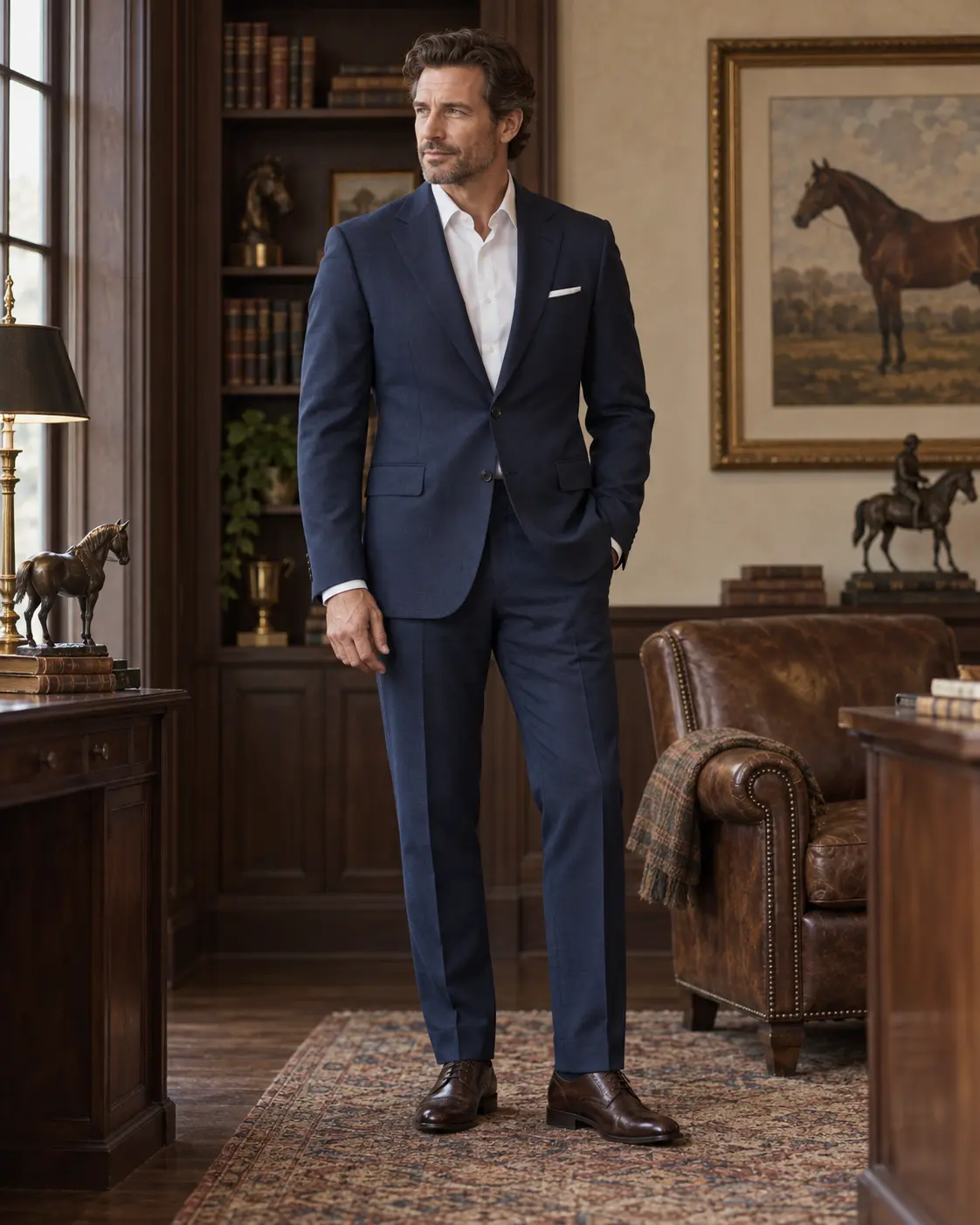A custom navy business suit in a private study