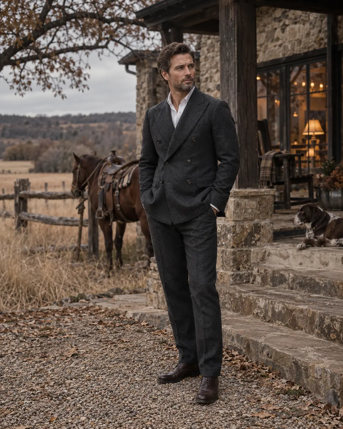 Charcoal double-breasted Heritage flannel suit at an Oklahoma ranch