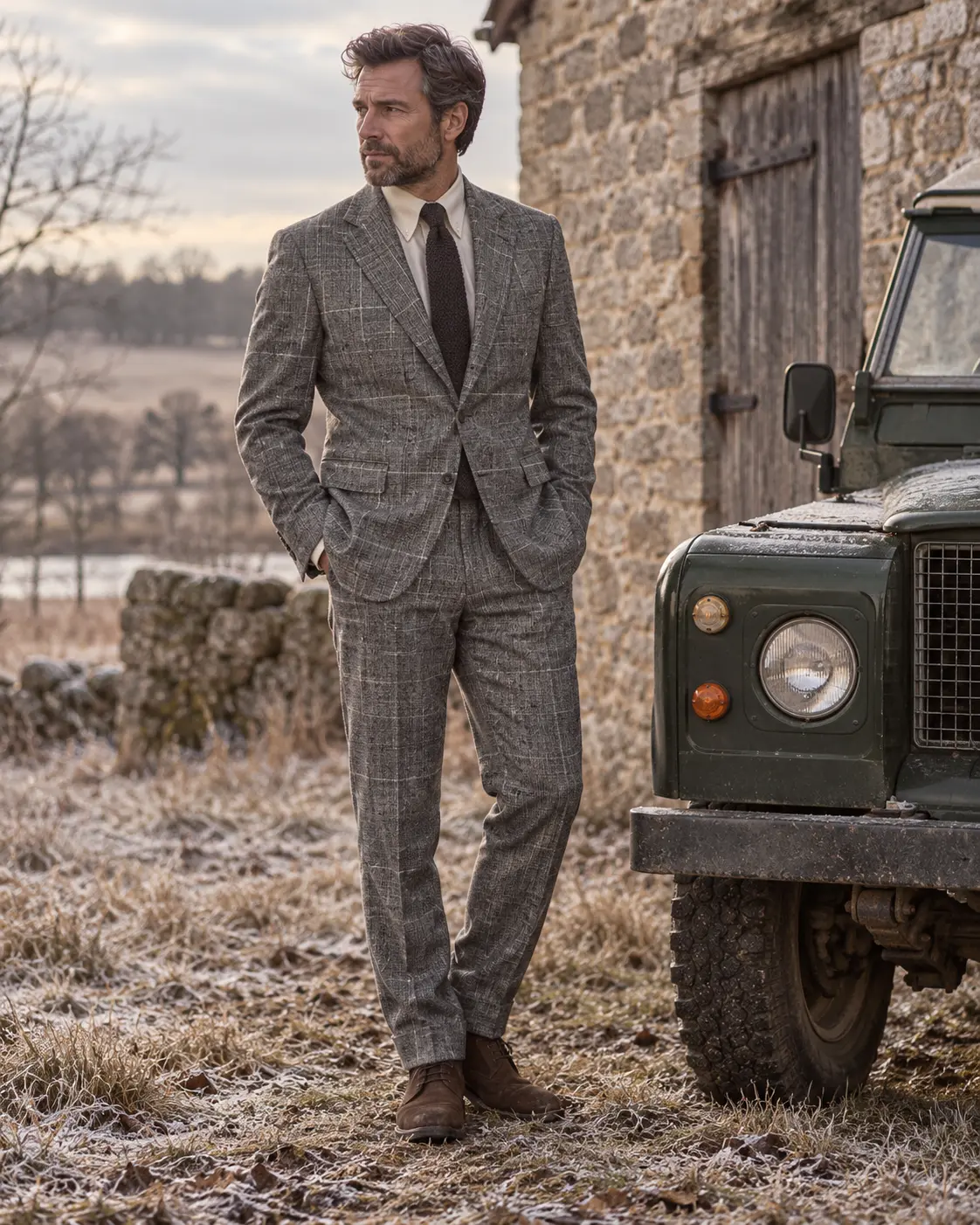 Checked Heritage flannel suit in a winter country setting