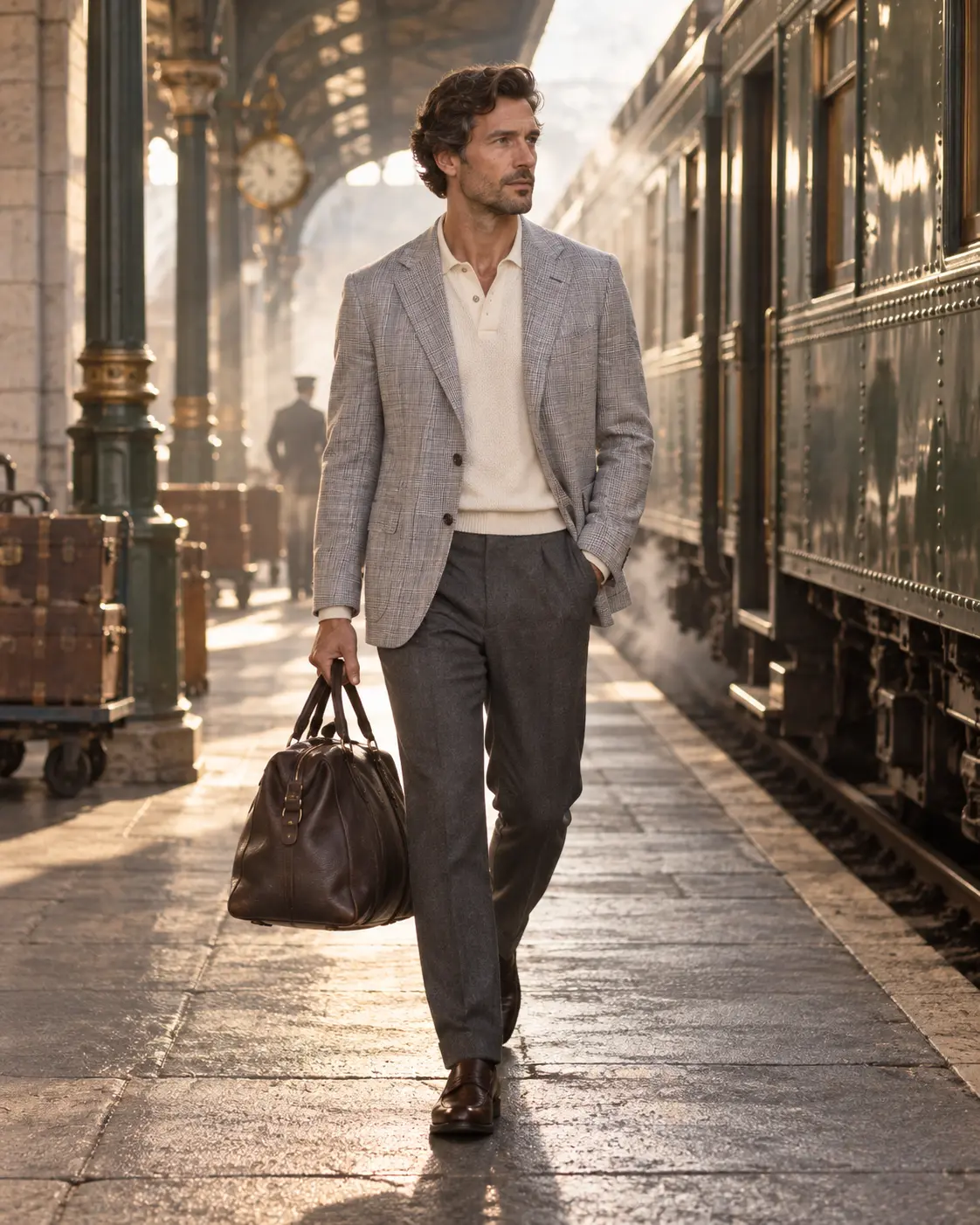 Zegna Traveller checked sport coat at a historic railway platform