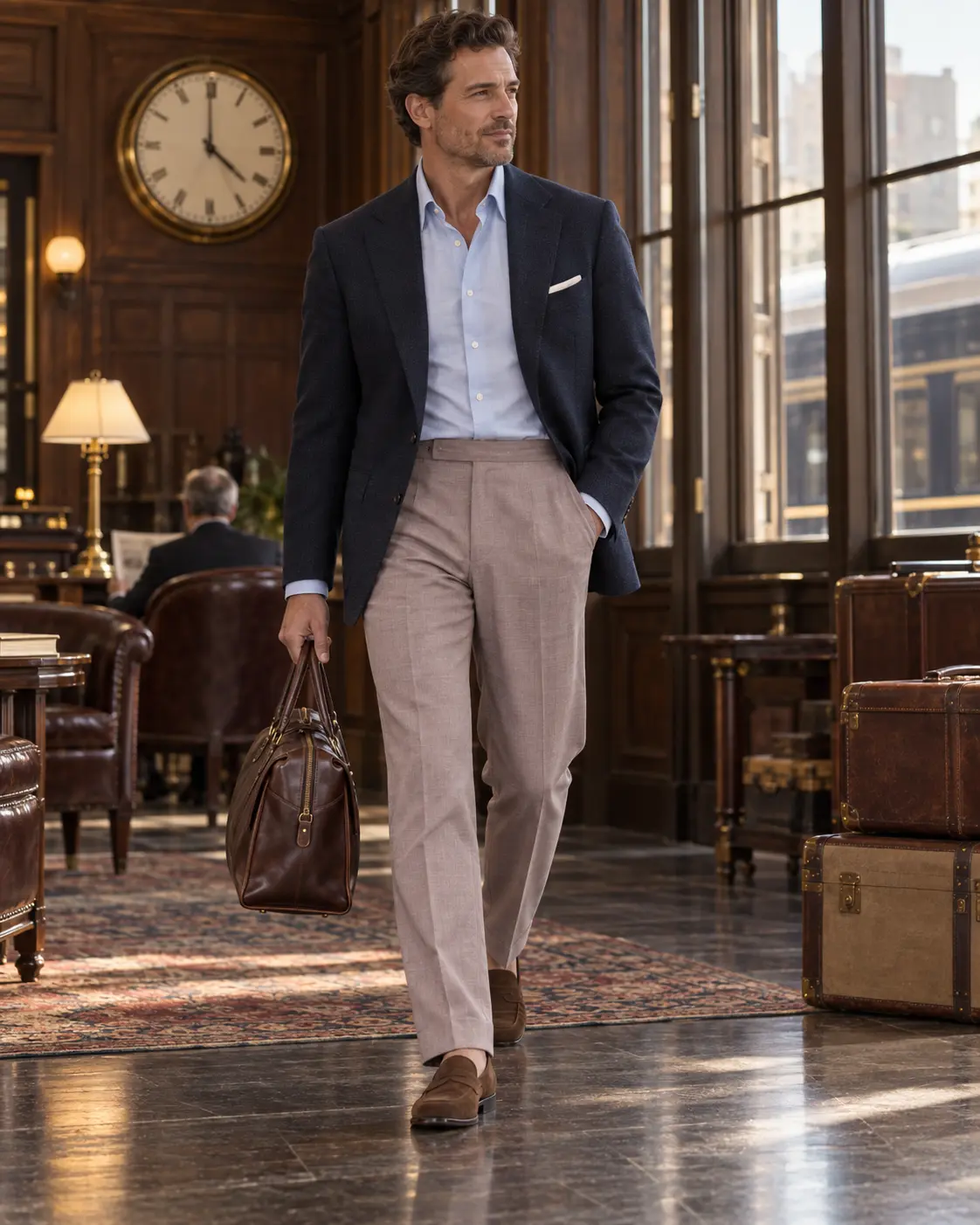 Zegna Traveller tailored trousers in a historic rail lounge
