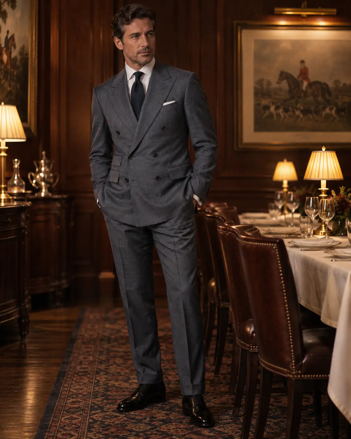 Double-breasted Zegna Trofeo suit in a private dining room