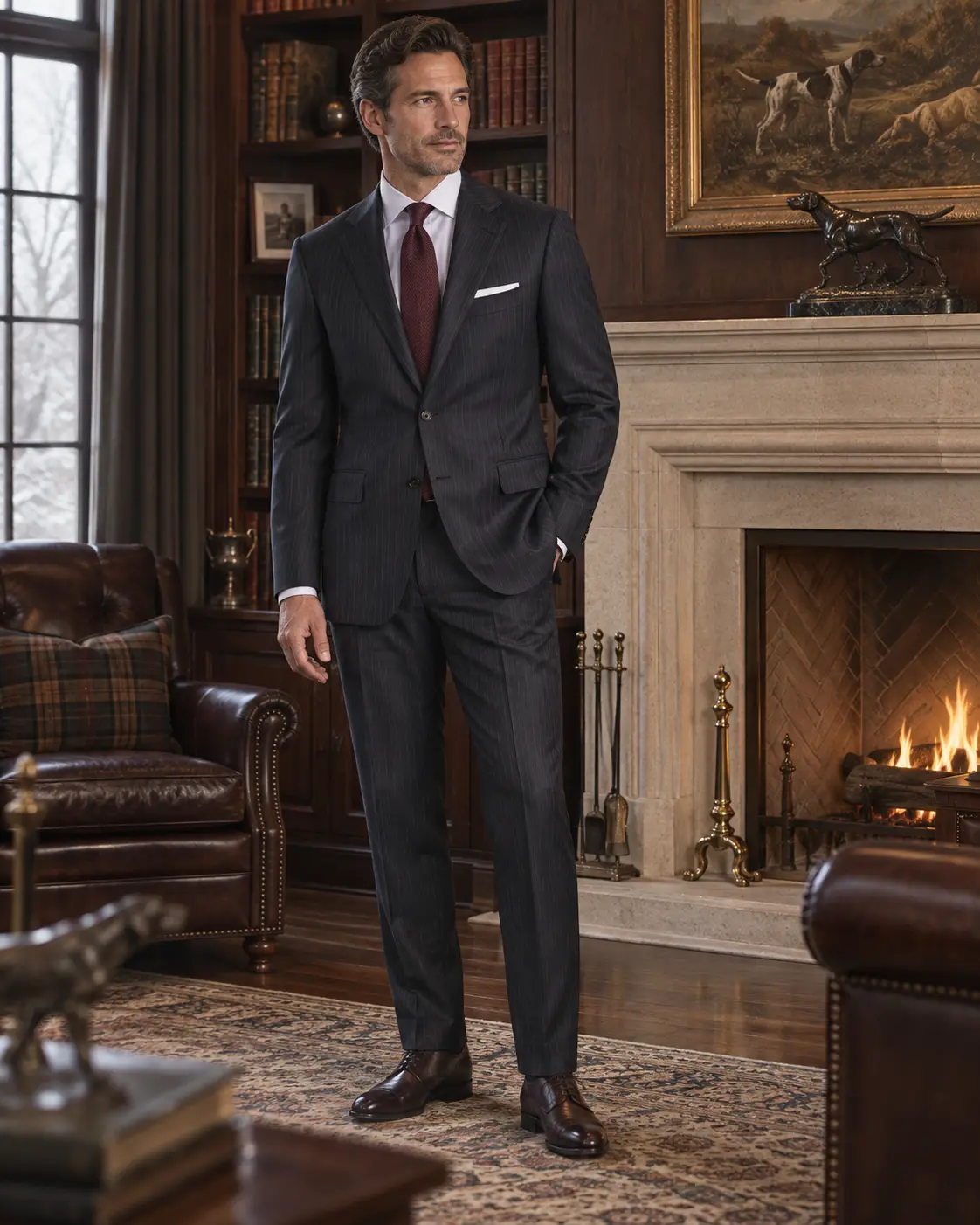 Dark Zegna Trofeo business suit in a traditional private office