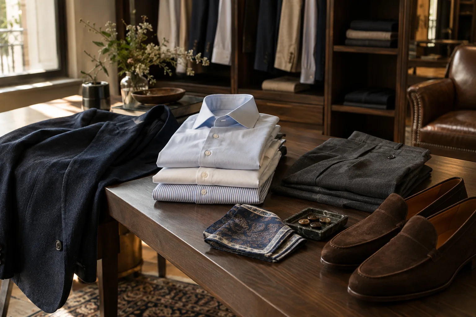 A coordinated custom menswear wardrobe